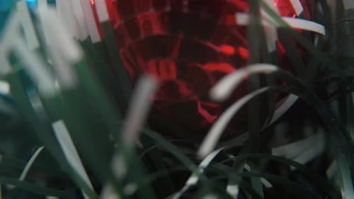 Christmas decoration, colorful crystal ornaments golden, blue, green and red balls, new year decorat