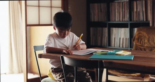 Homework, boy and kid with knowledge, writing and smart with ideas, learning and Japanese