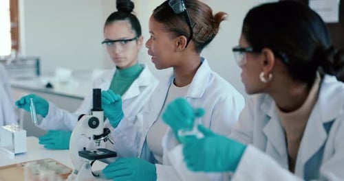 Science students, laboratory and question in classroom for microscope and learning at school