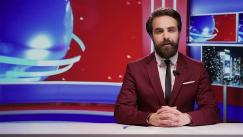 Bearded Man Presenting at Desk in Studio
