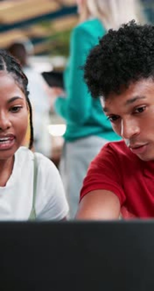 Students, woman and man with laptop at university for reading, learning