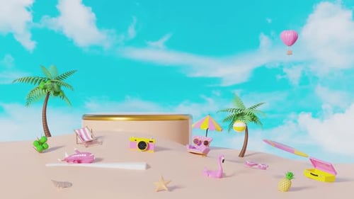 Lebendige Sommerstrandszene mit farbenfrohen Accessoires