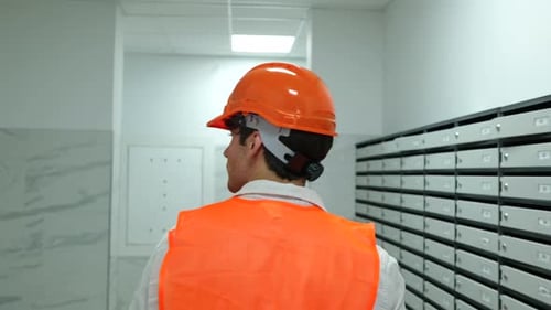 Male Construction Worker in Helmet and Waistcoat Walking in the Building Indoor on the Construction