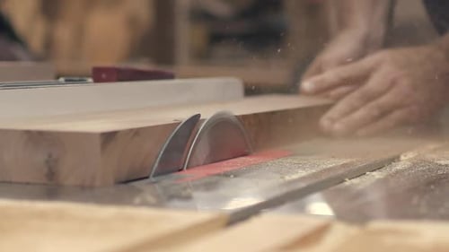A piece of wood is cut on a buzz saw by a carpenter, slow motion low angle close up.