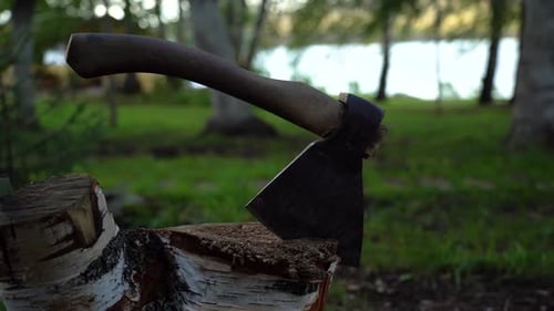 An ax stuck in a wooden stump