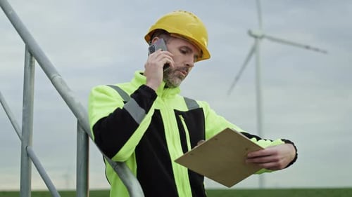 Caucasian professional man standing on wind turbine field and talking by mobile phone. Shot with RED