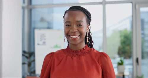 Smiling Woman Portrait in Modern Workplace Environment