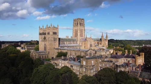 Durham Cathedral in County Durham on Sunny Day - Aerial Drone 4K HD Footage Circle Left