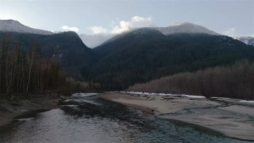 River Mountains and Forest in Canadian Nature Landscape Background