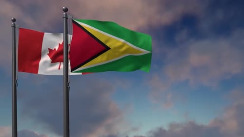 Guyana Flag Waving Along With The National Flag Of The Canada - 4K