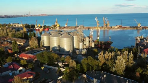 Aerial of Wheat Loading to Bulker Ship Cargo Hold at Sea Grain Elevator in Sea Port Wheat Shipment