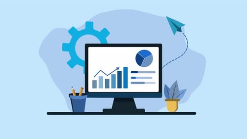 Animation of a computer screen displaying graphs and charts