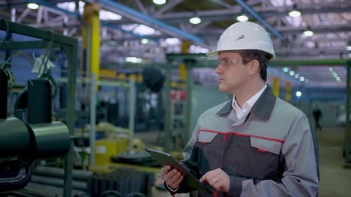 Engineer Man Worker Tablet Heavy Industry Plant Construction Factory Oil Gas Pipeline Manufacture