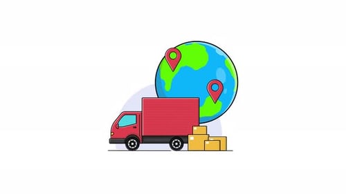 4k Globe with Location Icon and Delivery Truck. Global Shipping Concept Animation Video