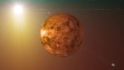 Ansicht des rotierenden Planeten Venus aus dem Weltraum, Blick auf die Sonne, die sich um die Venus dreht. 1667