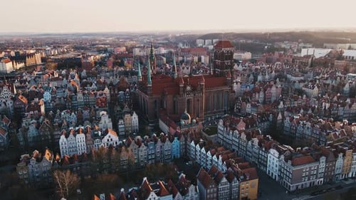 Aerial View of Gdansk City in Poland Historical Center of European City
