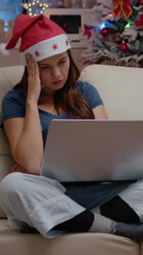 Vertical Video Tired Woman Falling Asleep While Working on Laptop