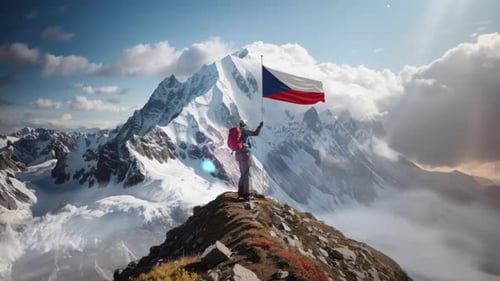 Alpiniste tenant le drapeau de la République tchèque au sommet de la montagne