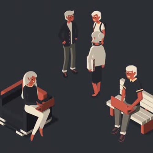 Isometric Characters Working and Socializing with Laptops