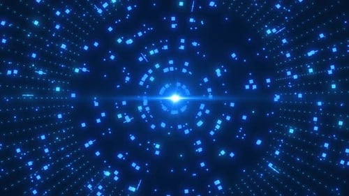 Futuristic Digital Grid Tunnel With Central Blue Light And Optical Flare,high tech Abstract Imagery