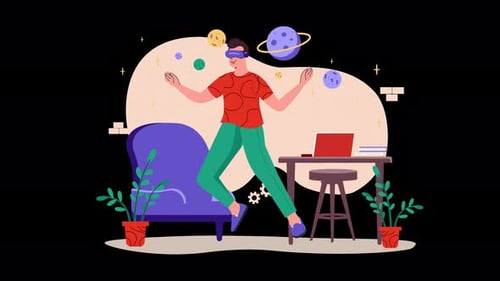 Person using VR headset in a colorful room