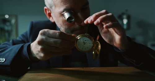Watchmaker examining antique pocket watch with magnifying glass