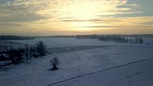 Breathtaking morning view of snow covered countryside fields with naked trees during extreme winters