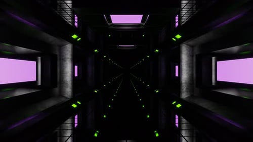 Hellvioletter und limettenfarbener, dunkler Raumschiff-Korridor-Hintergrund, VJ Loop in 4K