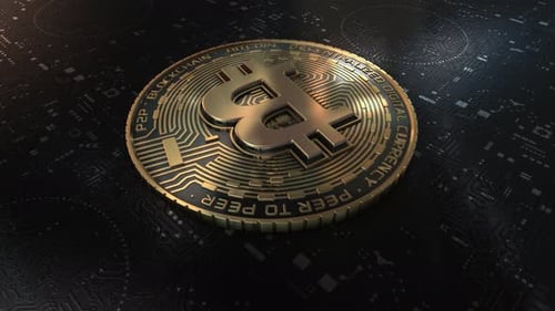 3D Rotating Bitcoin Coin on Digital Circuit Background