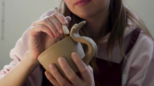Woman Sculpting Clay Pottery in Studio