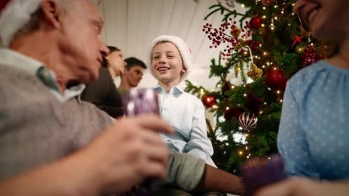 Family Gathers Around Christmas Tree to Celebrate