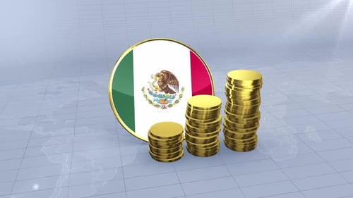 Mexico Flag With Plain Gold Coins Tower