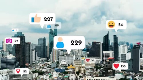 Social Media Icons Fly Over City Downtown Showing People Reciprocity Connection