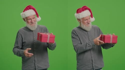 2In1 Split Green Screen MontageAn Old Man in a Santa Hat with a Red Gift Box