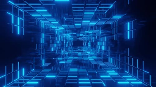 Futuristic Neon Grid Tunnel in Blue