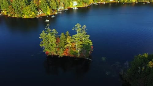 Aerial View of Lake Island With Grove in Autumn Colors and Calm Blue Water on Sunny Day, Drone Shot