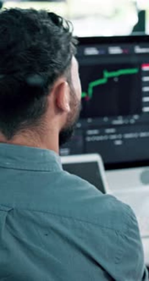 Computer, finance and business people with statistics in meeting for stock market