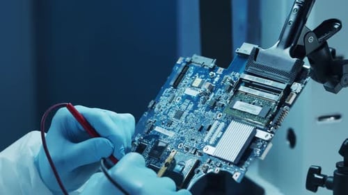 Microelectronics Engineer Works in a Modern Scientific Laboratory on Computing Systems and