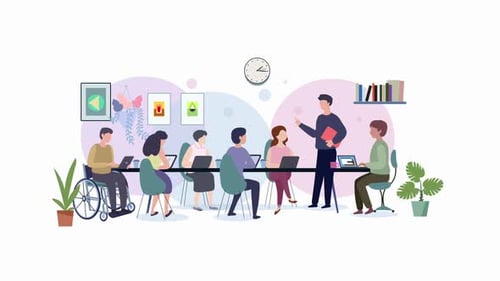 Flat Design Animation of Diverse Team Working in Office