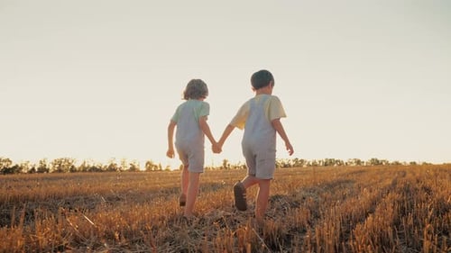 Brothers Kids Walking Hand in Hand Across Open Field at Golden hourBest Friends