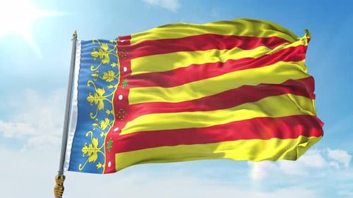 Golden Ornate Patterned Flag Waving in Bright Sky