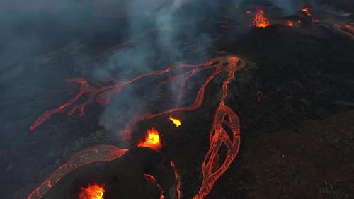 Aerial view of Fagradallsfjall volcano during an eruption, Iceland.