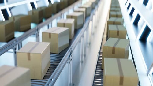 Carton Boxes Moving on Conveyors at Futuristic Warehouse 3d Animation Loop