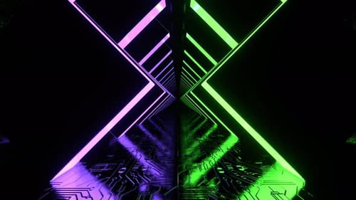 Green And Purple Cyber Corridor With Neon Glowing Figure Arches Background Vj Loop In 4 K