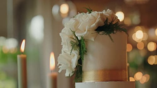 Elegant Wedding Cake with White Roses and Candles