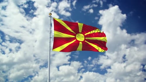 North Macedonia Flag Waving Animation Against Cloudy Sky