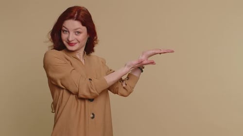 Woman Pointing Empty Place Advertising Area for Commercial Text Copy Space for Goods Promotion