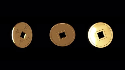 Three Chinese Gold Lucky Coins Rotating On Transparent Background Loop