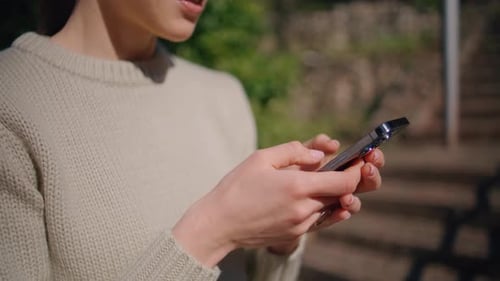Lady Hands Typing Smartphone on Sunlight Park Closeup Unknown Woman Messaging