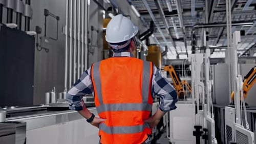Back View Of A Male Engineer Looking Around With Arms Akimbo, Battery Factory